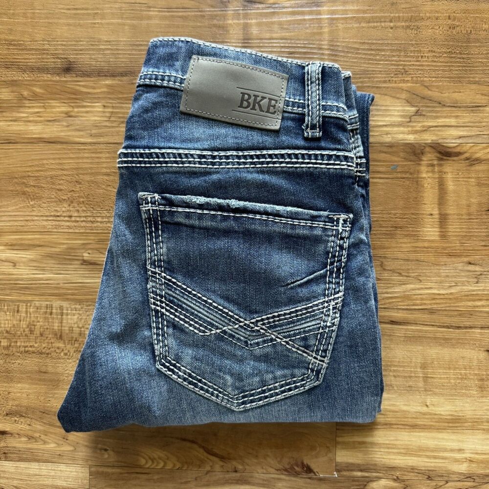 BKE Alec Jeans Mens 28x33 Slim Fit Straight Thick Stitch Medium Wash Denim Y2K